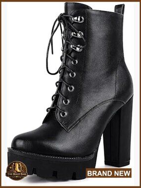 Platform Heeled Combat Boots Chunky Block Heel Lace Up Ankle Booties Round Toe